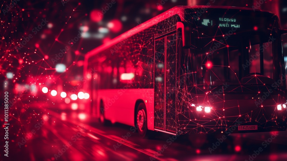 Poster autonomous city bus navigating a futuristic technological linescape, illuminated in red.