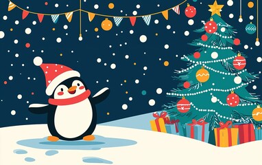 A cheerful penguin celebrating Christmas in a winter wonderland with a decorated tree and colorful presents nearby
