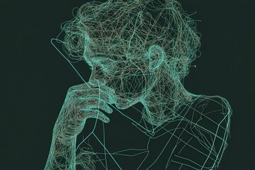 A thoughtful figure in neon line art, set against a dark background.