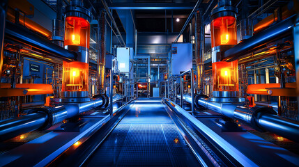 A modern, high-tech recycling facility separating used nuclear fuel with advanced chemical processes, Pipes and control panels monitor the chemical process, Technology used in nuclear fuel recycling