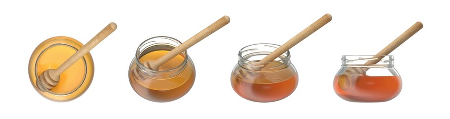 honey in the glass jar with dipper isolated