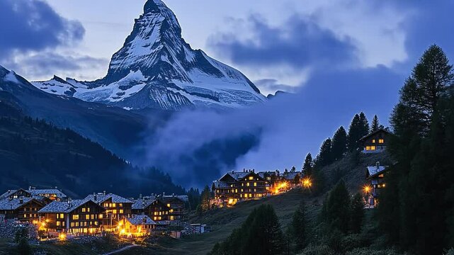 The matterhorn towering over zermatt at blue hour with clouds rolling in