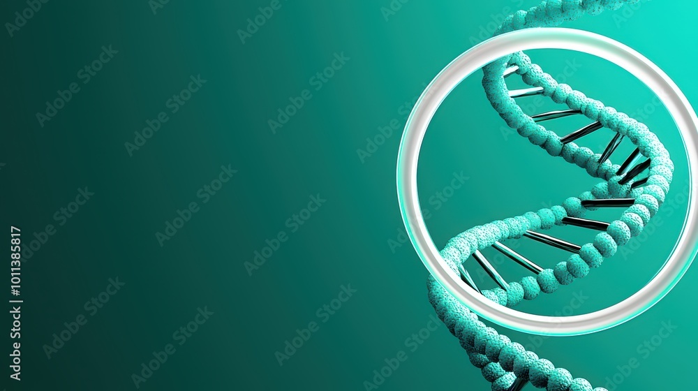 Poster abstract dna double helix structure in teal colors on a gradient background.