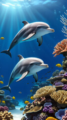 Obraz premium two dolphins swimming around the coral reef, with fish and sea plants in the background, showing an under water view. 