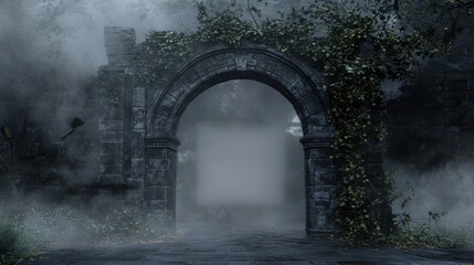 Stone Archway Leading Through Foggy Forest