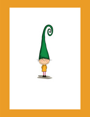 Adorable cartoon character of a gnome in a green hat and striped socks. Perfect for children's designs, holiday themes, and playful illustrations. High-quality vector art.