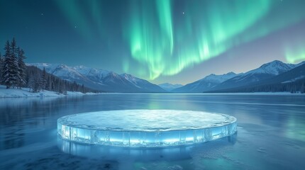 Empty Ice podium with northern lights background, located on frozen lake among snowy mountains and forest, winter presentation stage, product advertising showcase