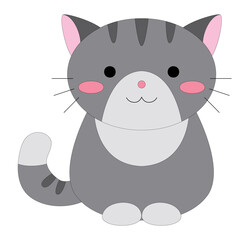 cute happy cartoon gray striped little kitten with white paws, tail, stock vector, white background
