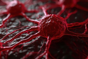 Close-up view of red cancer cell on textured dark background.