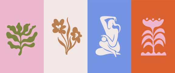 Beautiful female figures abstract cut out print. Vector logo design template and illustration in simple minimal flar style - body positive emblem, abstract badge, modern feminine art