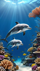 Fototapeta premium two dolphins swimming around the coral reef, with fish and sea plants in the background, showing an under water view. 