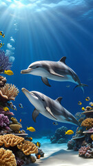 Fototapeta premium two dolphins swimming around the coral reef, with fish and sea plants in the background, showing an under water view. 