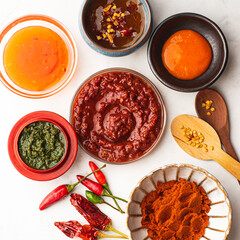 Hot sauces and hot pepper pastes of the world: North African Harissa sauce, Indian Curry paste, Chinese sweet sauce, Georgian green plum  Adjika, Thai Sriracha sauce, South American Mango sauce
