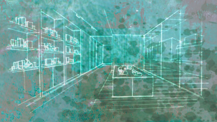 Artistic line drawing of a shop scene set against an abstract background. Perfect for interior, business, modern, and artistic projects.