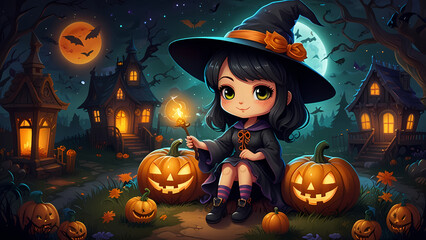 Fototapeta premium Cute chibi witch surrounded by Halloween-themed attributes