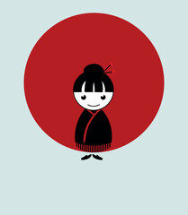 Adorable Japanese doll illustration with minimalist design and vibrant red accents. Perfect for cultural projects, children’s decor, or restaurant logo design.