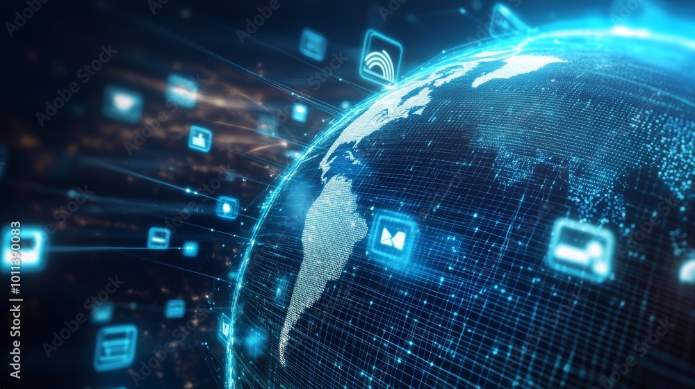 Poster a 3d rendering computer graphic of cyberspace with the concept of a global online internet network a