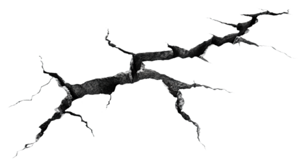 Large crack with sharp edges, isolated on transparent cutout background