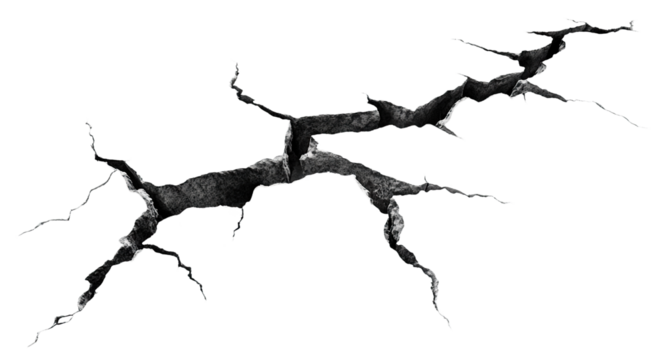 Large crack with sharp edges, isolated on transparent cutout background