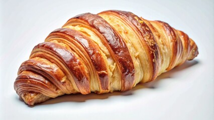 A golden brown croissant with flaky layers, freshly baked and isolated on a white background.