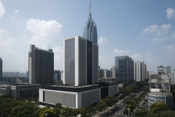 Obraz premium Modern Urban Architecture Showcasing Business District Skyscrapers