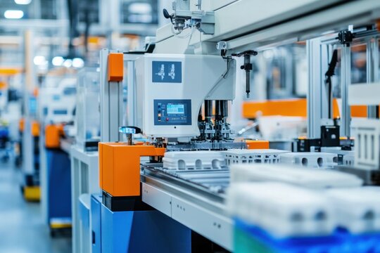 An industrial plant manufacturing medical-grade plastics used in devices and packaging, with precision machinery molding and cutting products to exact specifications