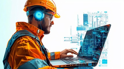 Telecommunications Engineer Infrastructure Installation clipart, working with server racks, digital illustration, blue tones, isolated on white background