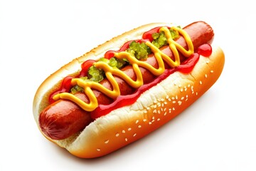 Delicious hot dog with mustard, ketchup, and relish on a white isolated background.