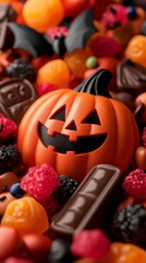 A jack-o-lantern sits surrounded by a variety of Halloween candies, including chocolate, gummies, and fruit snacks.