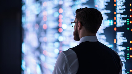 Businessman analyzing stock market trends on digital screen.