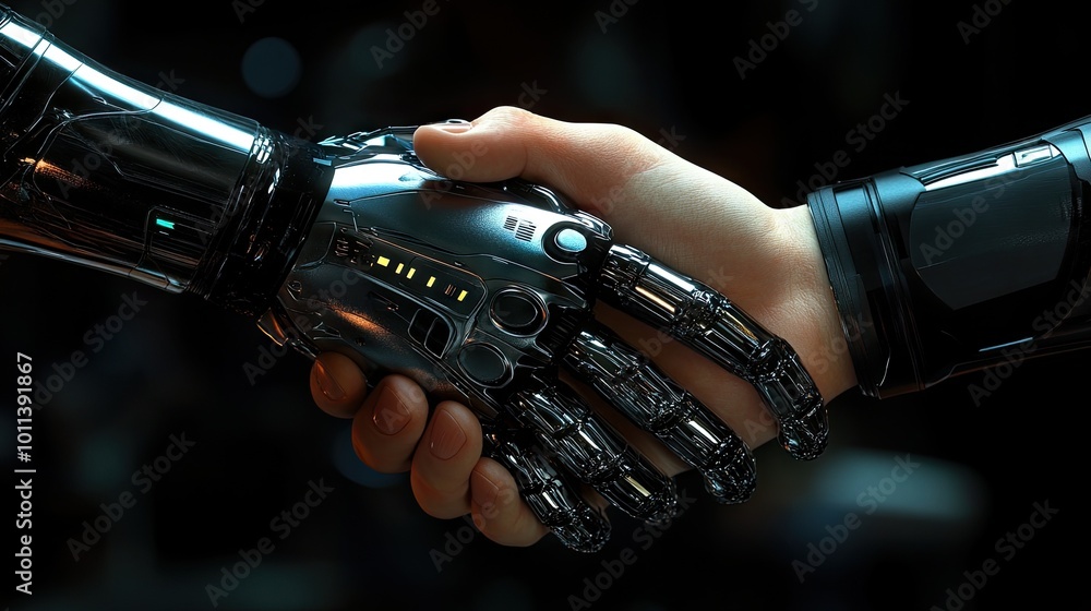 Poster a futuristic handshake between a robot hand and a human hand, symbolizing collaboration and the merg