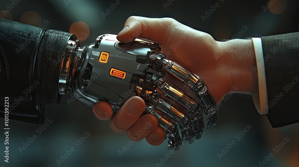Poster a futuristic image of a robot and human hand in a firm handshake, representing the advancement of ar