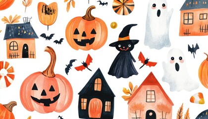 Watercolor Halloween Pattern with Pumpkins, Ghosts, and Houses