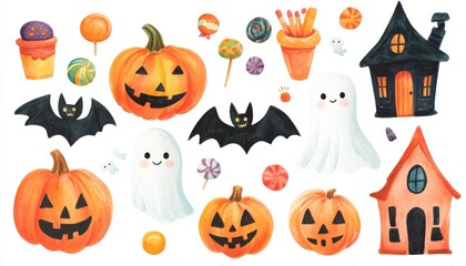 Watercolor Halloween Illustration with Pumpkins, Bats, Ghosts, and Houses