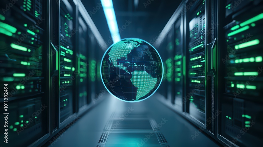Poster digital globe hovering in a data center with green lighting and tech ambiance.