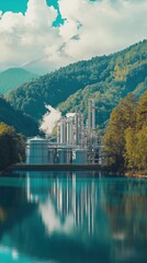 A zero-emissions fuel plant in a pristine mountain setting, using clean technology to produce fuel without any harmful emissions, with renewable energy sources surrounding the facility.