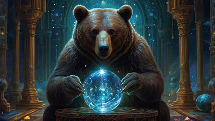 animal bear fortune teller looking at crystal ball for fortune telling AI generated