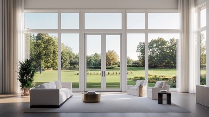 Fototapeta premium Modern living room with large windows and a view of a serene garden.