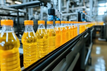 Beverage processing equipment bottling and labeling drinks in a fully automated factory, ensuring consistency and speed in production