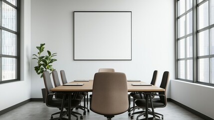 Modern office conference room with a large table and empty chairs.