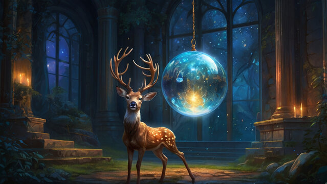 Animal deer fortune teller looking at crystal ball for fortune telling AI generated