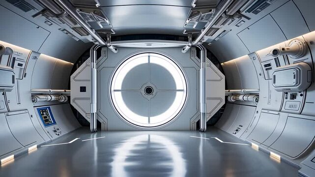  Futuristic Space Station Corridor with Circular Airlock and Modern Design