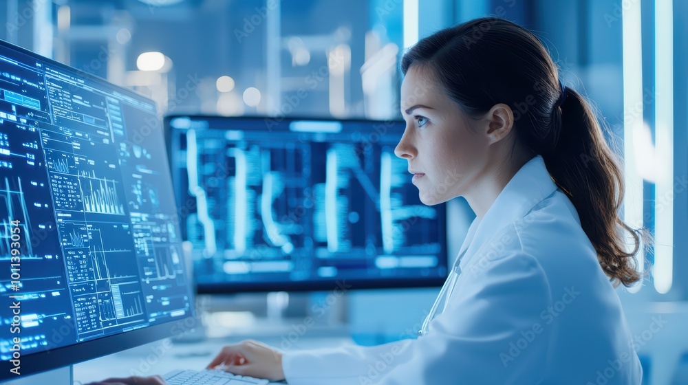 Poster focused scientist analyzing data on monitors in modern laboratory environment.