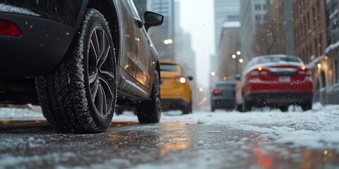 Snow-covered city street with parked cars in winter conditions.