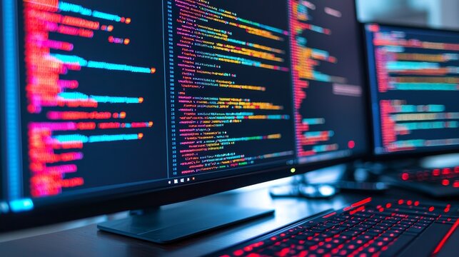 Monitors displaying colorful code on a dark background in a programming environment.