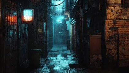 A dark and narrow alleyway with a neon sign and trash cans, lit by a single streetlight.