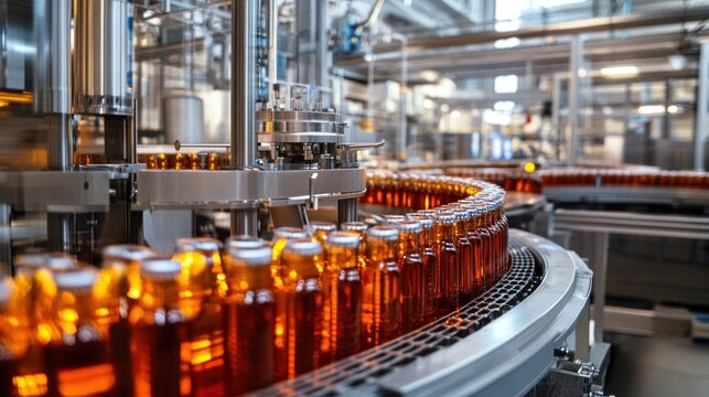 Beverage processing machinery in a modern facility, bottling and capping drinks at high speeds, showcasing the role of automation in the beverage industry