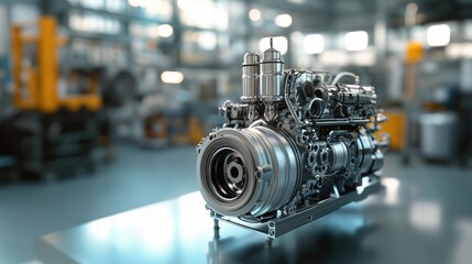 Obraz premium A high-performance industrial engine, highlighted in a factory setting, with detailed metallic parts and machinery in focus.