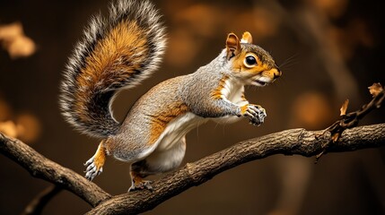 A lively squirrel on a branch in an autumn forest, showcasing its fluffy tail and watchful eyes, ready to leap amidst the golden leaves.