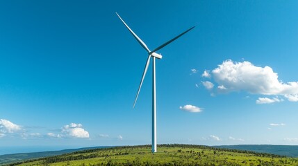 Fototapeta premium Wind turbine on a green hill under a clear blue sky with white clouds.